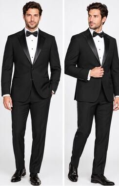 CARAVELLI FORMAL WEAR BLACK TUXEDO SUIT SATIN LAPEL JACKET PANTS 2 PIECE